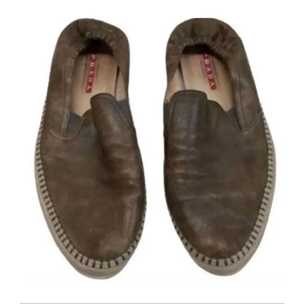 Prada Size 8 Slip On Espadrille Loafers Brown Leather Minimalist Old Money